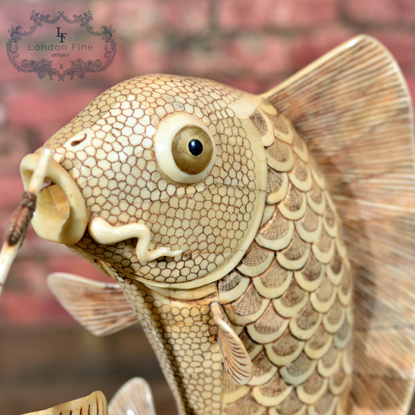 Japanese Bone Carved Okimono Figures & Fish - London Fine Antiques