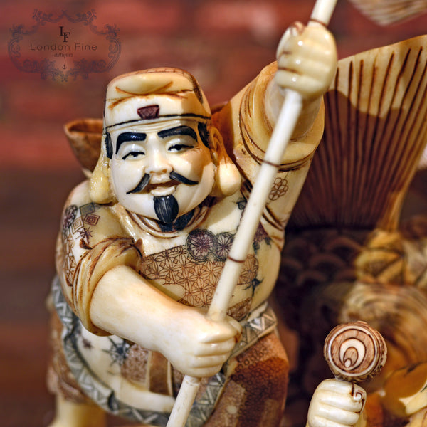 Japanese Bone Carved Okimono Figures & Fish - London Fine Antiques