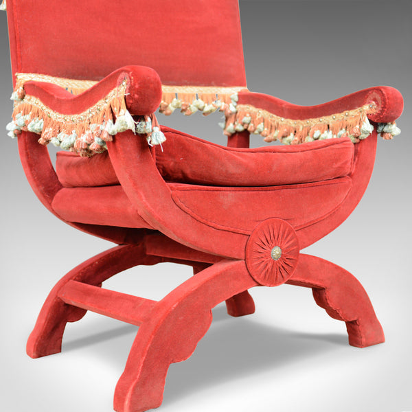 Large Antique Armchair, Italian, X Frame Chair, Red Velvet, C17th Revival C.1900 - London Fine Antiques