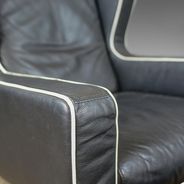 Large, Retro, Vintage 1980s, Black Leather Armchair and Pouffe, Dondi Salotti - London Fine Antiques