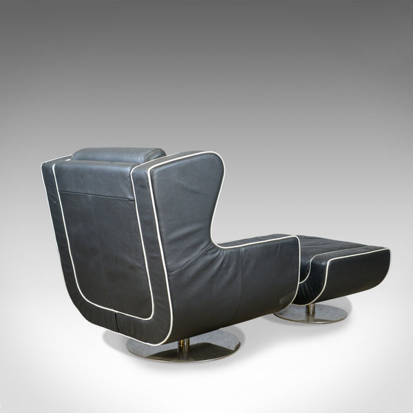 Large, Retro, Vintage 1980s, Black Leather Armchair and Pouffe, Dondi Salotti - London Fine Antiques