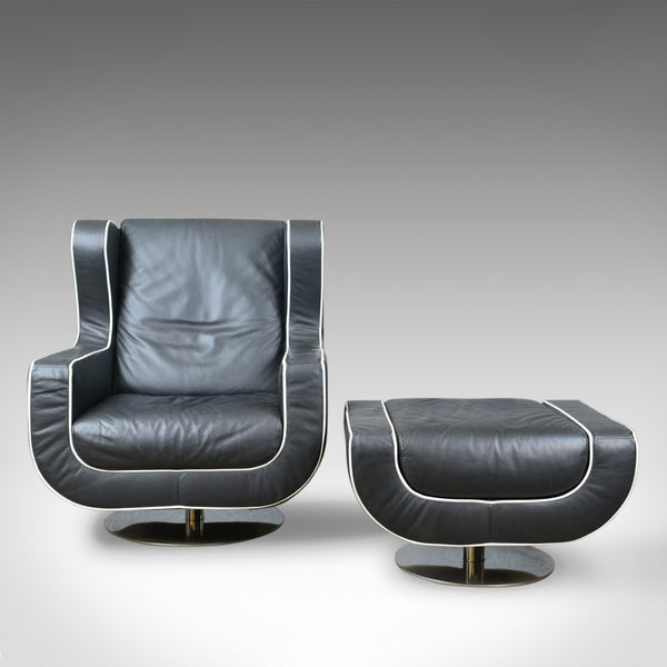 Large, Retro, Vintage 1980s, Black Leather Armchair and Pouffe, Dondi Salotti - London Fine Antiques