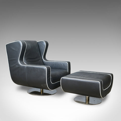 Large, Retro, Vintage 1980s, Black Leather Armchair and Pouffe, Dondi Salotti - London Fine Antiques