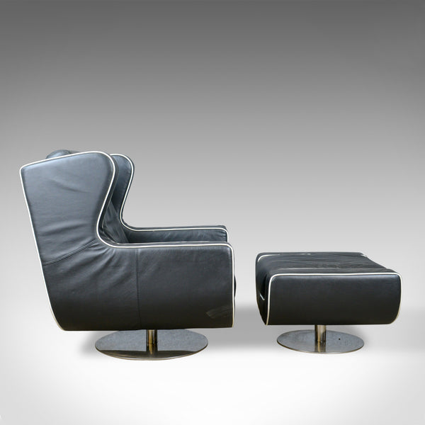 Large, Retro, Vintage 1980s, Black Leather Armchair and Pouffe, Dondi Salotti - London Fine Antiques