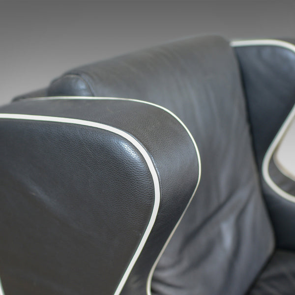 Large, Retro, Vintage 1980s, Black Leather Armchair and Pouffe, Dondi Salotti - London Fine Antiques