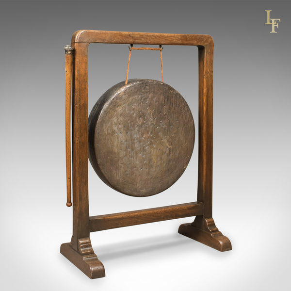 Large Victorian Dinner Gong with Beater in English Oak Frame, c.1870 - London Fine Antiques