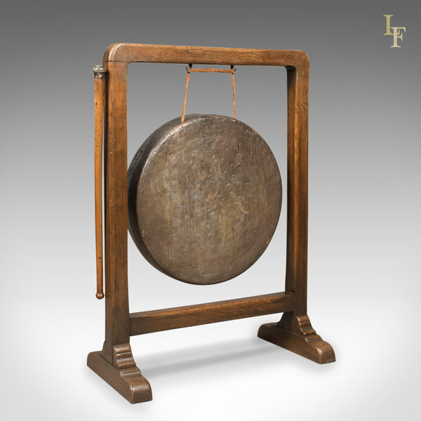 Large Victorian Dinner Gong with Beater in English Oak Frame, c.1870 - London Fine Antiques