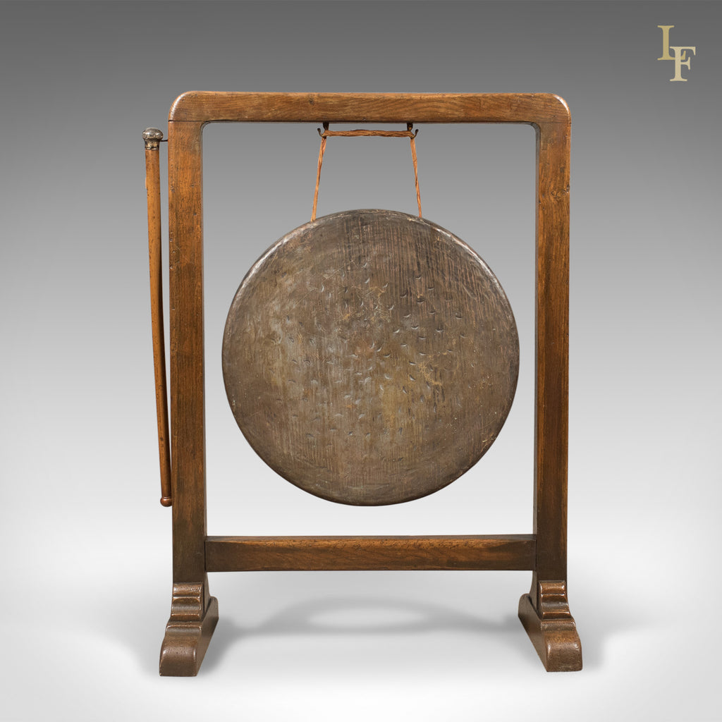 Large Victorian Dinner Gong with Beater in English Oak Frame, c.1870 - London Fine Antiques