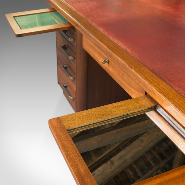 Large Vintage Pedestal Desk, Teak, Leather, Art Deco, Office, Abbess, Circa 1950 - London Fine Antiques