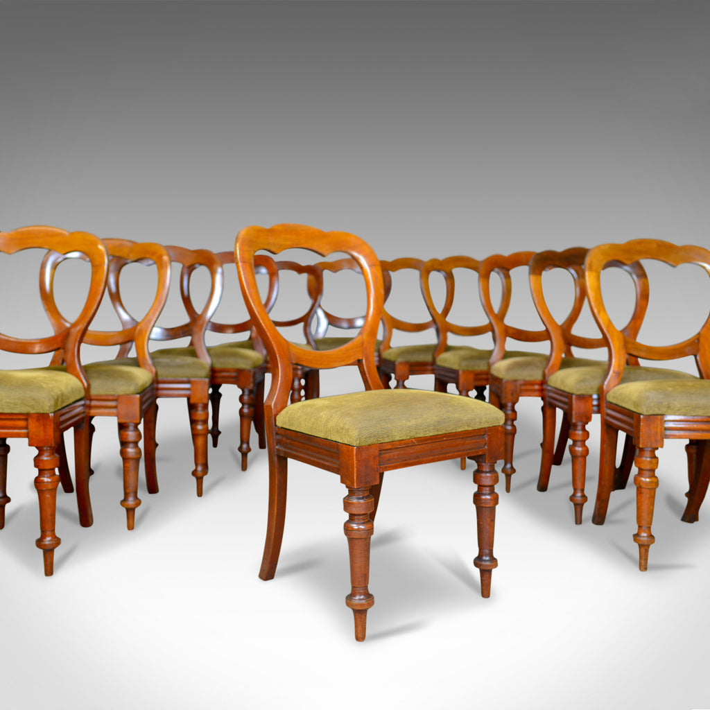 Long Set of 12 Antique Dining Chairs, English, Victorian, Balloon Back, c.1850 - London Fine Antiques