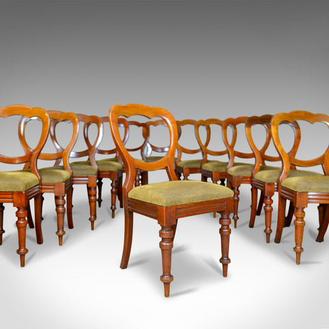 Long Set of 12 Antique Dining Chairs, English, Victorian, Balloon Back, c.1850 - London Fine Antiques