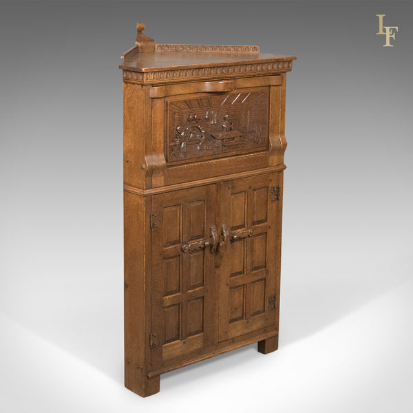 Mid-Century Carved Oak Corner Cupboard, Cabinet with Gothic Overtones - London Fine Antiques