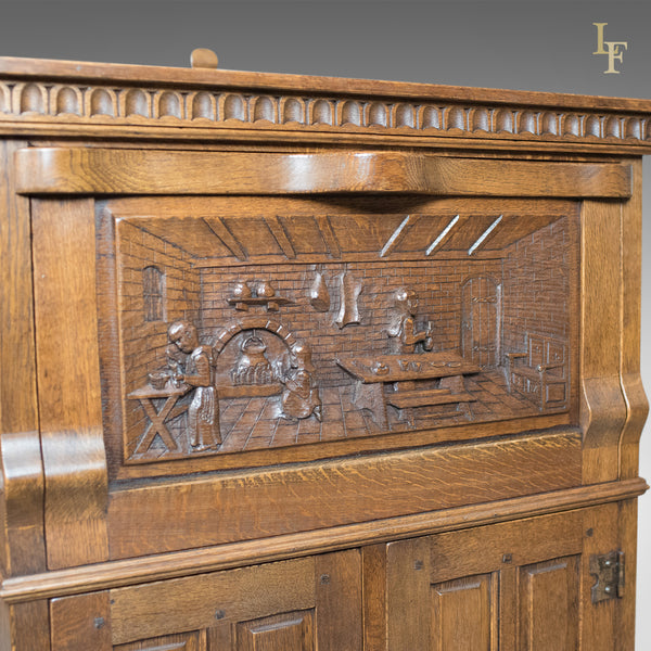 Mid-Century Carved Oak Corner Cupboard, Cabinet with Gothic Overtones - London Fine Antiques