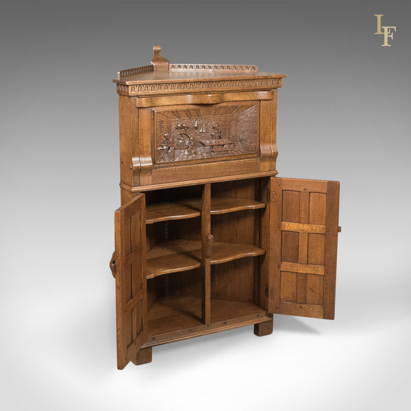 Mid-Century Carved Oak Corner Cupboard, Cabinet with Gothic Overtones - London Fine Antiques