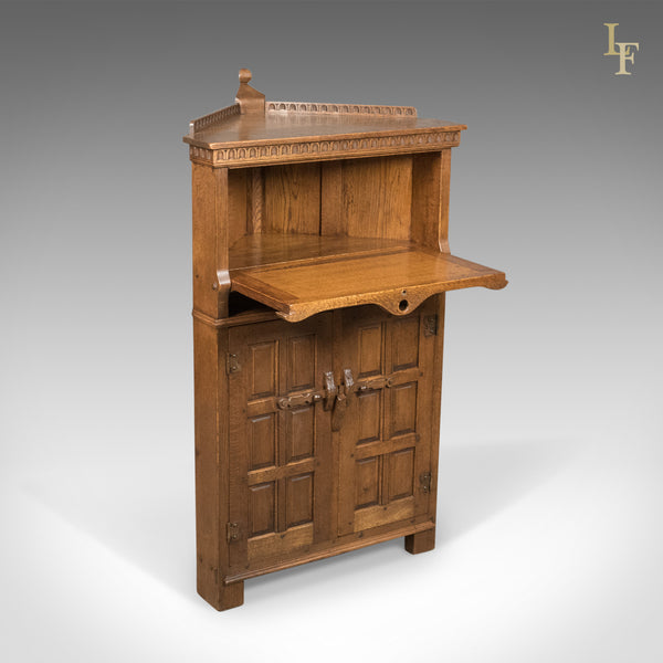 Mid-Century Carved Oak Corner Cupboard, Cabinet with Gothic Overtones - London Fine Antiques