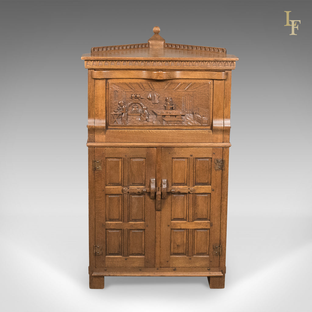 Mid-Century Carved Oak Corner Cupboard, Cabinet with Gothic Overtones - London Fine Antiques