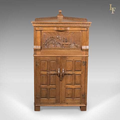 Mid-Century Carved Oak Corner Cupboard, Cabinet with Gothic Overtones - London Fine Antiques