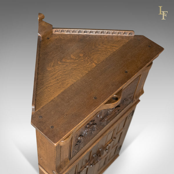Mid-Century Carved Oak Corner Cupboard, Cabinet with Gothic Overtones - London Fine Antiques