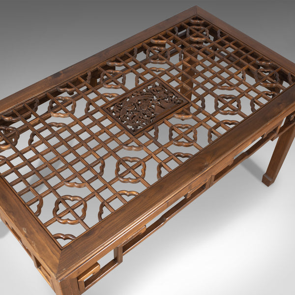 Mid-Century Chinese Elm Feature Table, Dining Proportions, Carved Decoration - London Fine Antiques