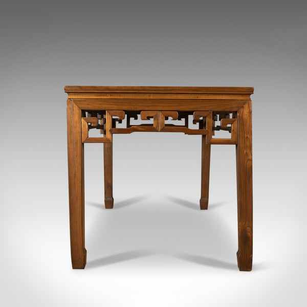 Mid-Century Chinese Elm Feature Table, Dining Proportions, Carved Decoration - London Fine Antiques