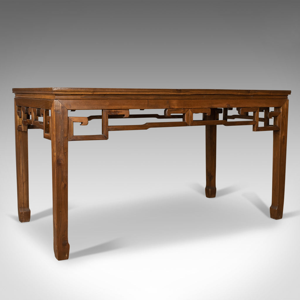 Mid-Century Chinese Elm Feature Table, Dining Proportions, Carved Decoration - London Fine Antiques