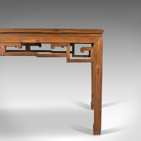 Mid-Century Chinese Elm Feature Table, Dining Proportions, Carved Decoration - London Fine Antiques