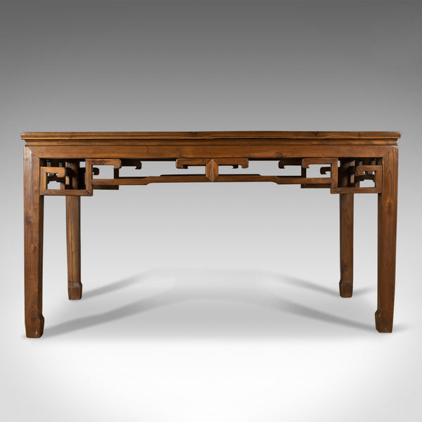 Mid-Century Chinese Elm Feature Table, Dining Proportions, Carved Decoration - London Fine Antiques