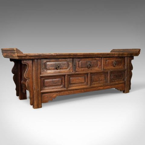 Mid-Century Chinese Elm Low Cabinet-Seat, Broad Bench, Storage 20th Century - London Fine Antiques