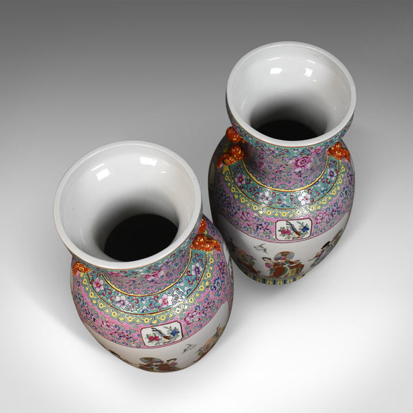 Mid-Century Pair of Chinese Baluster Vases, Hand Painted Ceramic Urns - London Fine Antiques