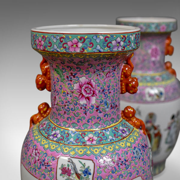 Mid-Century Pair of Chinese Baluster Vases, Hand Painted Ceramic Urns - London Fine Antiques