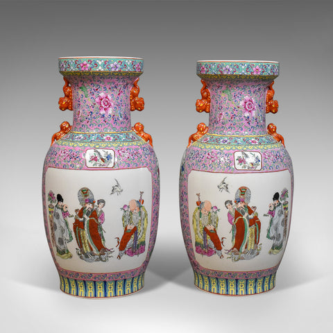 Mid-Century Pair of Chinese Baluster Vases, Hand Painted Ceramic Urns - London Fine Antiques