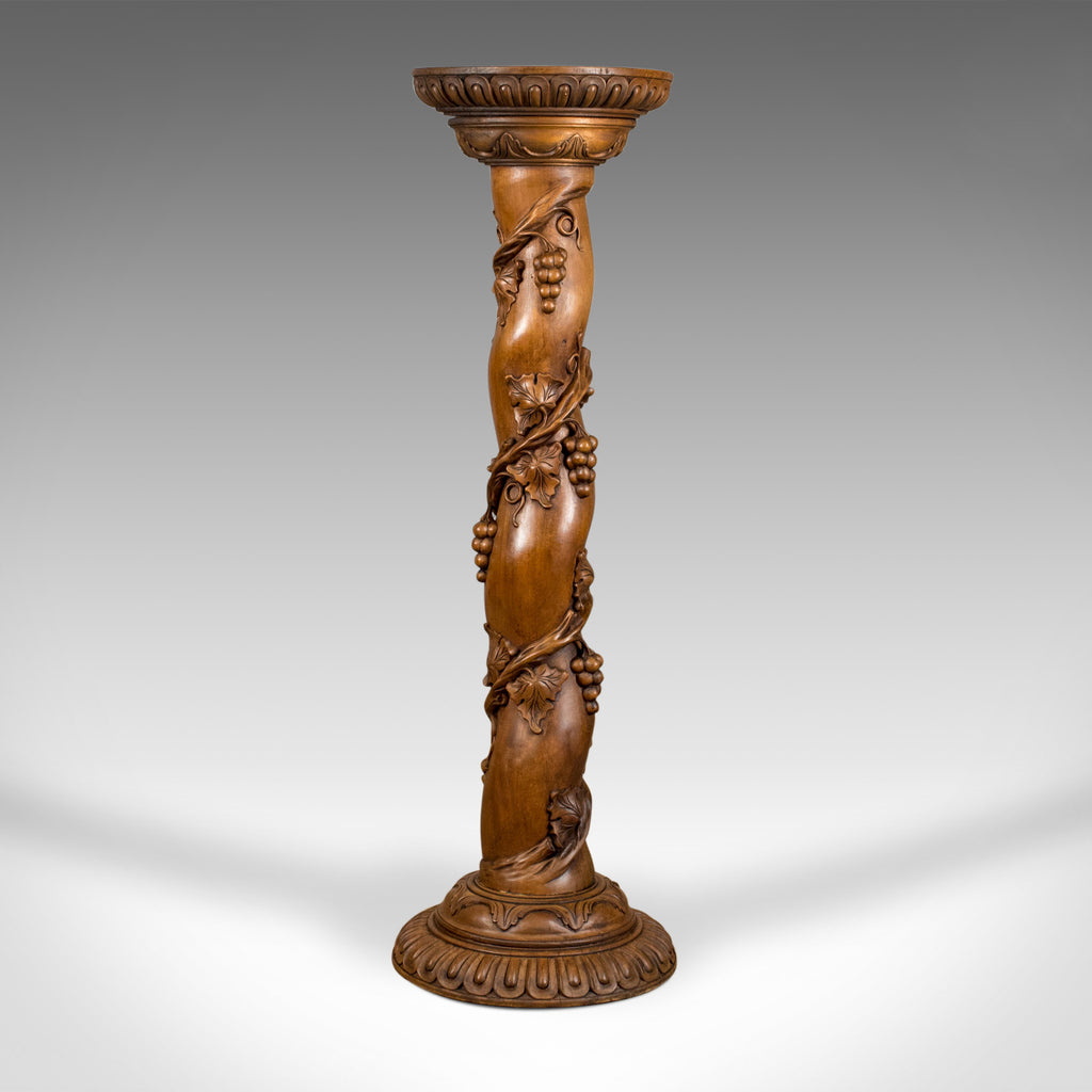 Mid-Century Plant Stand, English, Mahogany, Torchere Pedestal, Carved Grape Vine - London Fine Antiques