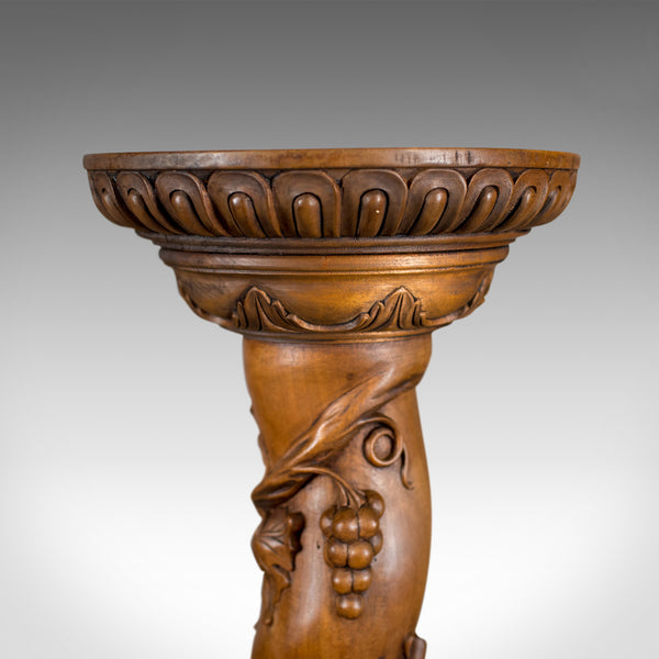 Mid-Century Plant Stand, English, Mahogany, Torchere Pedestal, Carved Grape Vine - London Fine Antiques