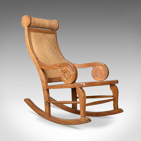 Mid-Century Vintage Rocking Chair, Hardwood, Rattan, Recliner, Circa 1970 - London Fine Antiques
