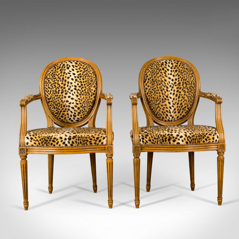 Mid 20th Century Pair of French Open Armchairs, Louis XVI Taste, Leopard Skin - London Fine Antiques