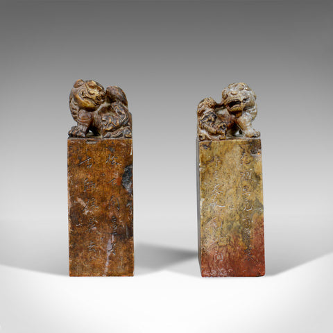 Opposing Pair of Chinese Soapstone Seals, Dogs of Foo, Bookends 20th Century - London Fine Antiques