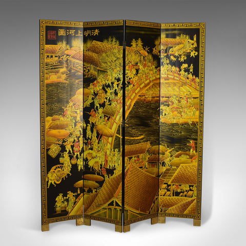 Oriental Four Panel Folding Screen, Double Sided Room Divider, Partition, C20th - London Fine Antiques
