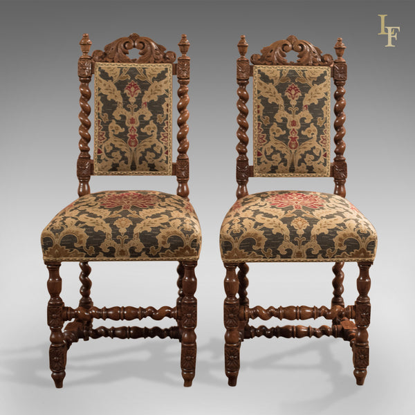 Pair of Antique Hall Chairs, Victorian, Oak, Needlepoint c.1870 - London Fine Antiques
