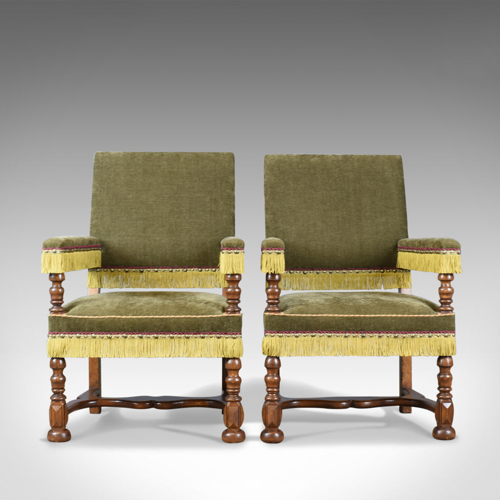 Pair of Antique Armchairs, English Oak Edwardian Jacobean Revival Chairs c.1910 - London Fine Antiques