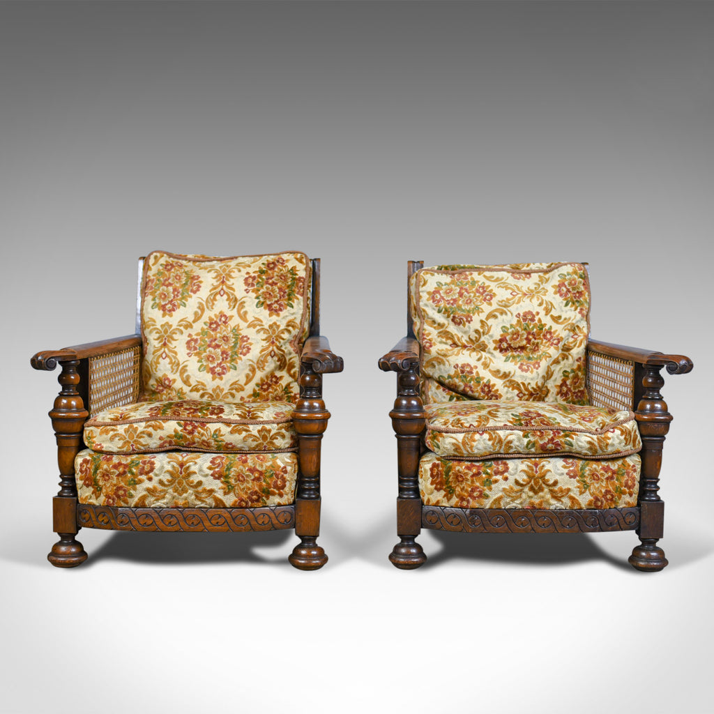 Pair of Antique, Conservatory Chairs, Oak, English, Bergere Armchairs Circa 1910 - London Fine Antiques