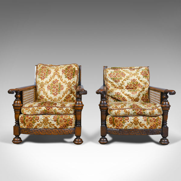 Pair of Antique, Conservatory Chairs, Oak, English, Bergere Armchairs Circa 1910 - London Fine Antiques