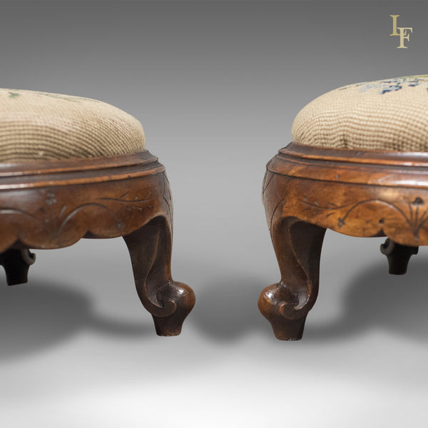 Pair of Antique Foot Stools, English, Victorian, Needlepoint, Carriage, c.1860 - London Fine Antiques