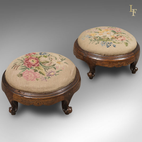 Pair of Antique Foot Stools, English, Victorian, Needlepoint, Carriage, c.1860 - London Fine Antiques