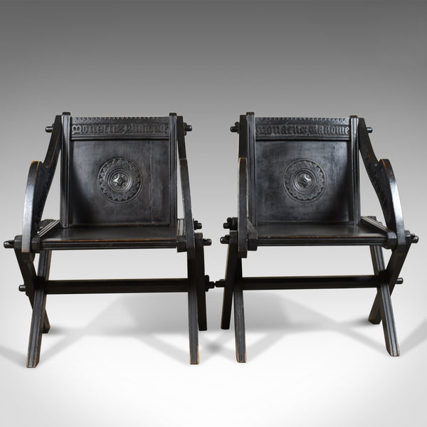 Pair of Antique Glastonbury Chairs, English, Tudor Revival, Carved Hall, c1900 - London Fine Antiques
