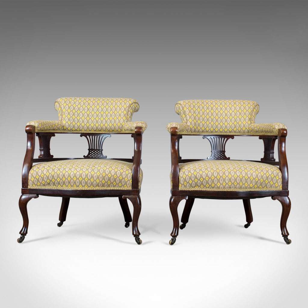 Pair of Antique Salon Chairs, English, Victorian, Scroll Back, Armchairs, c.1870 - London Fine Antiques