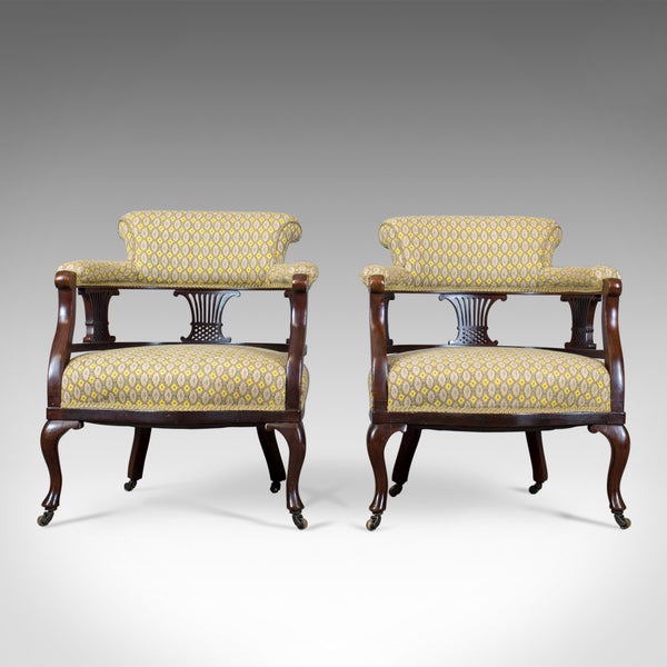 Pair of Antique Salon Chairs, English, Victorian, Scroll Back, Armchairs, c.1870 - London Fine Antiques