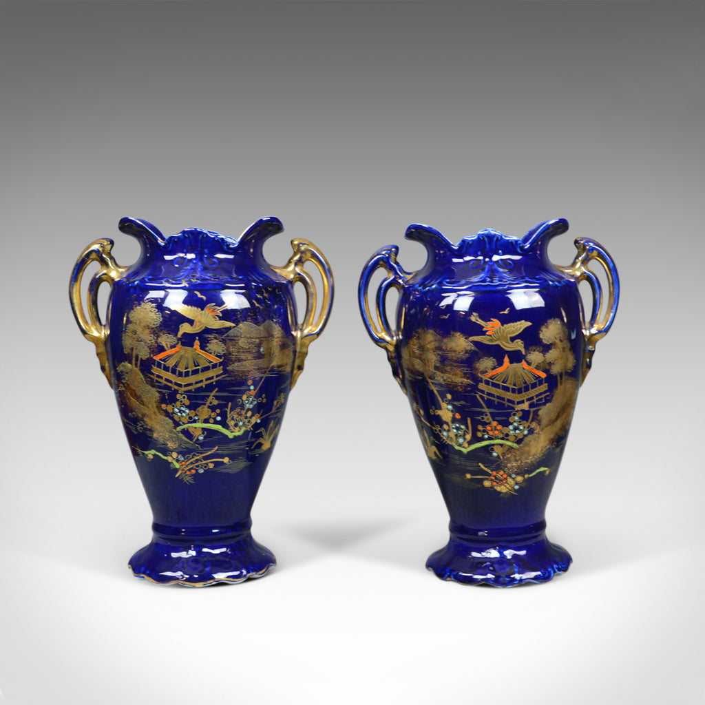 Pair of Decorative Baluster Vases, Ceramic Urns, Gold, Blue, Late 20th Century - London Fine Antiques