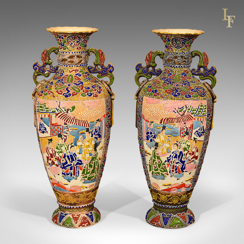 Pair of Antique Vases Japanese Moriage Satsuma - London Fine Antiques