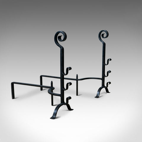 Pair of Large, Gothic, Wrought Iron Fire Dogs, Medieval Revival Andirons C20th - London Fine Antiques
