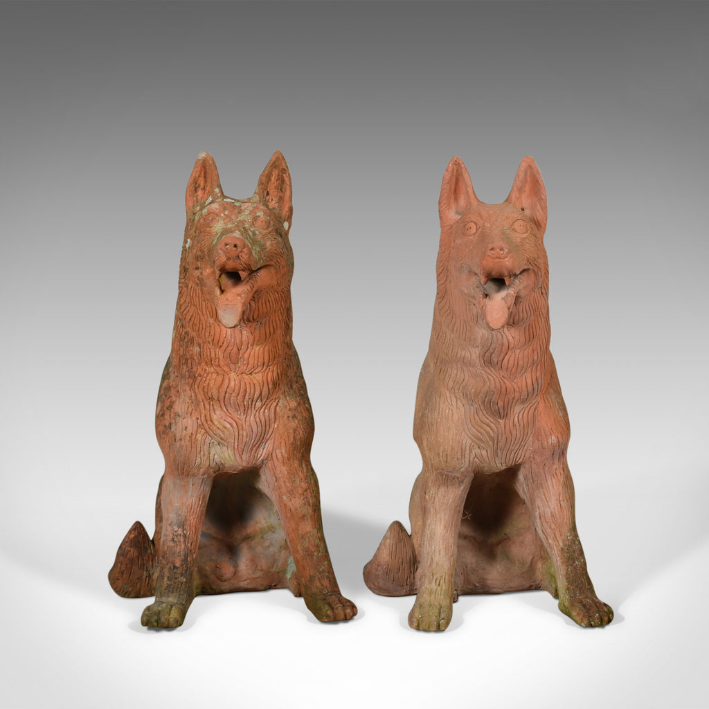 Pair of Life Size Terracotta Alsatian Dogs, German Shepherds, Late